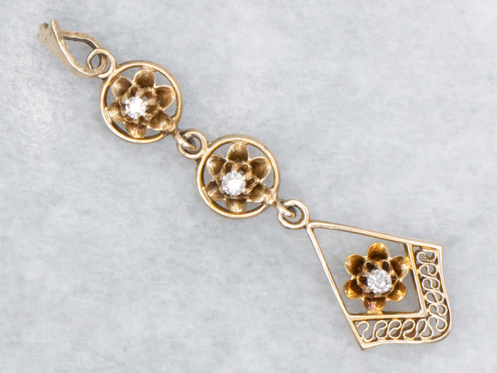 Triple Old Mine Cut Diamond Butter-Cup Drop Lavalier Pendant