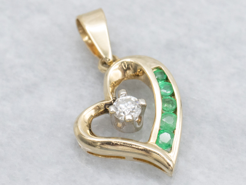 Channel-Set Emerald and Diamond Heart Pendant