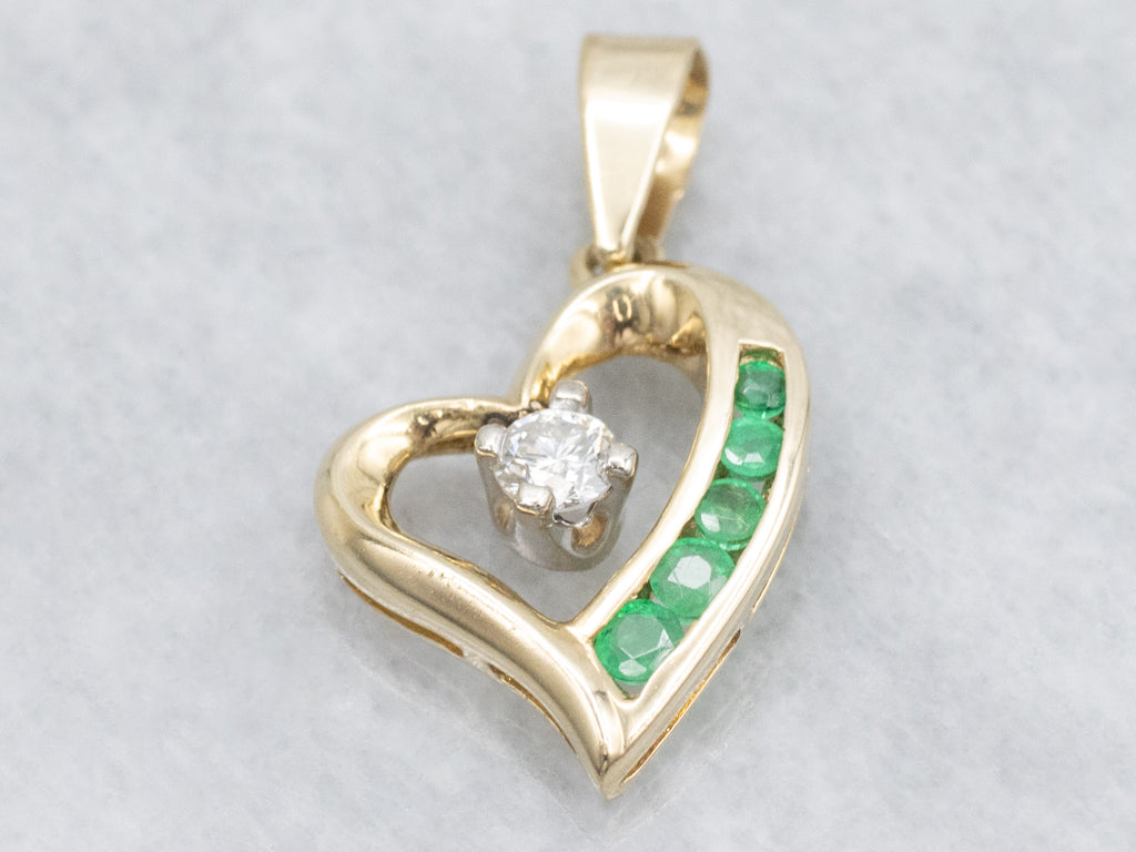 Channel-Set Emerald and Diamond Heart Pendant
