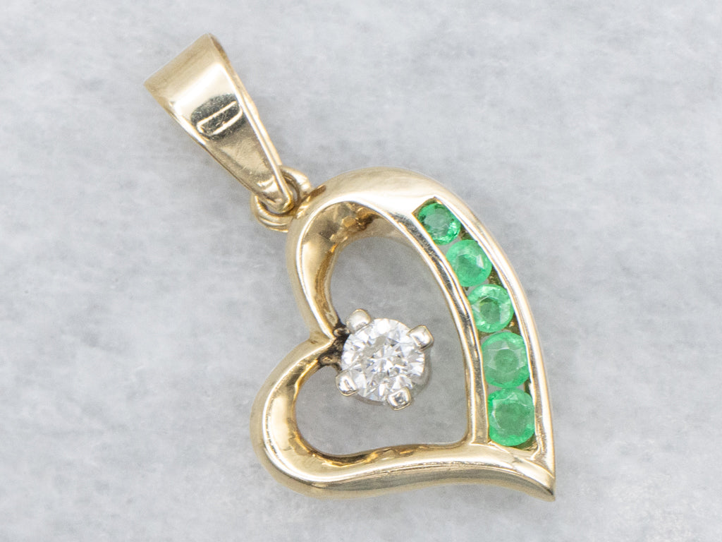Channel-Set Emerald and Diamond Heart Pendant