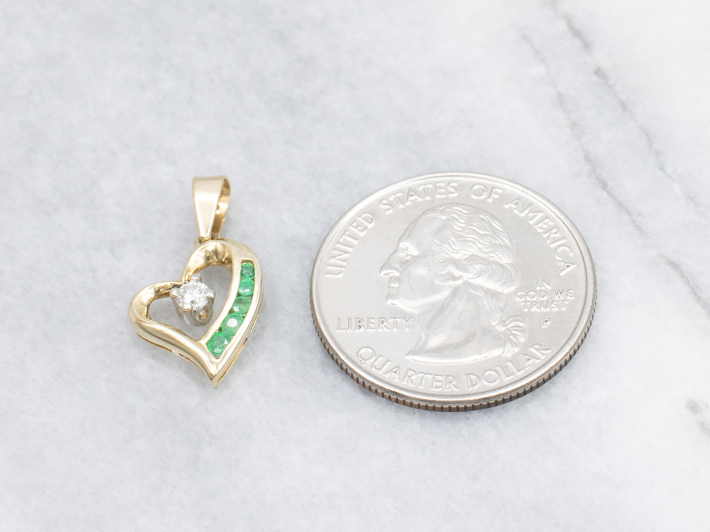 Channel-Set Emerald and Diamond Heart Pendant