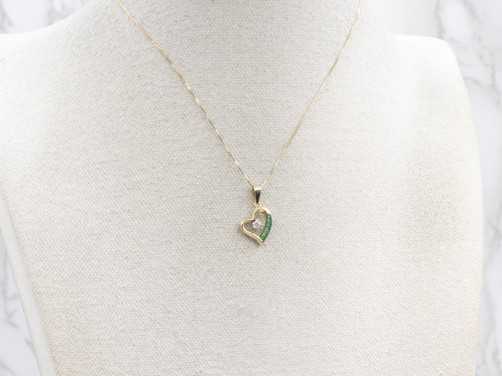Channel-Set Emerald and Diamond Heart Pendant