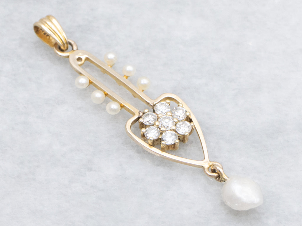 Diamond Cluster Yellow Gold Lavalier Pendant with Pearl Drop