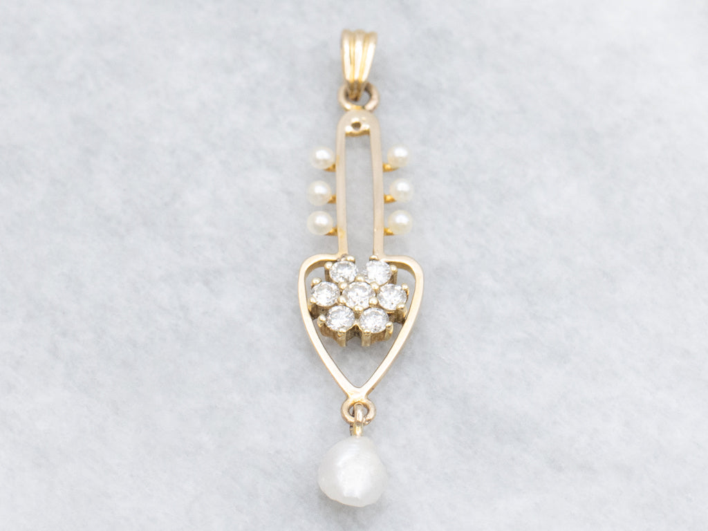 Diamond Cluster Yellow Gold Lavalier Pendant with Pearl Drop