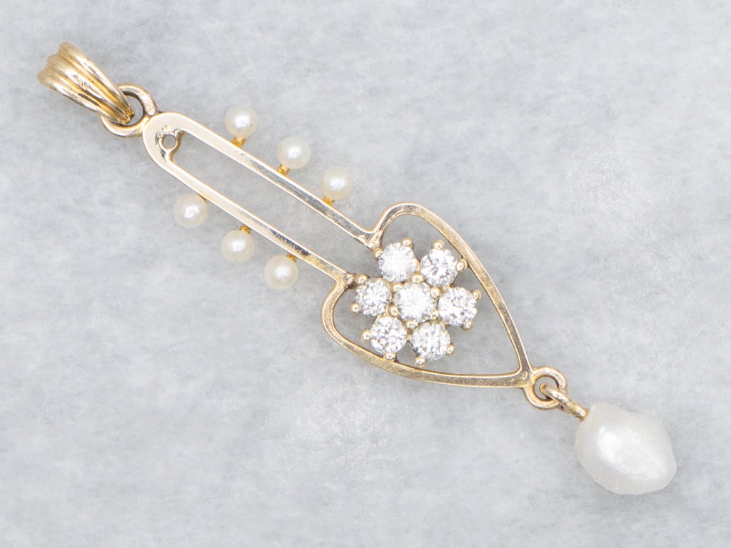 Diamond Cluster Yellow Gold Lavalier Pendant with Pearl Drop