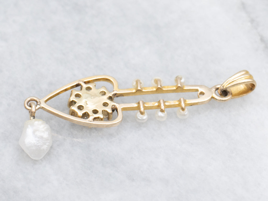 Diamond Cluster Yellow Gold Lavalier Pendant with Pearl Drop