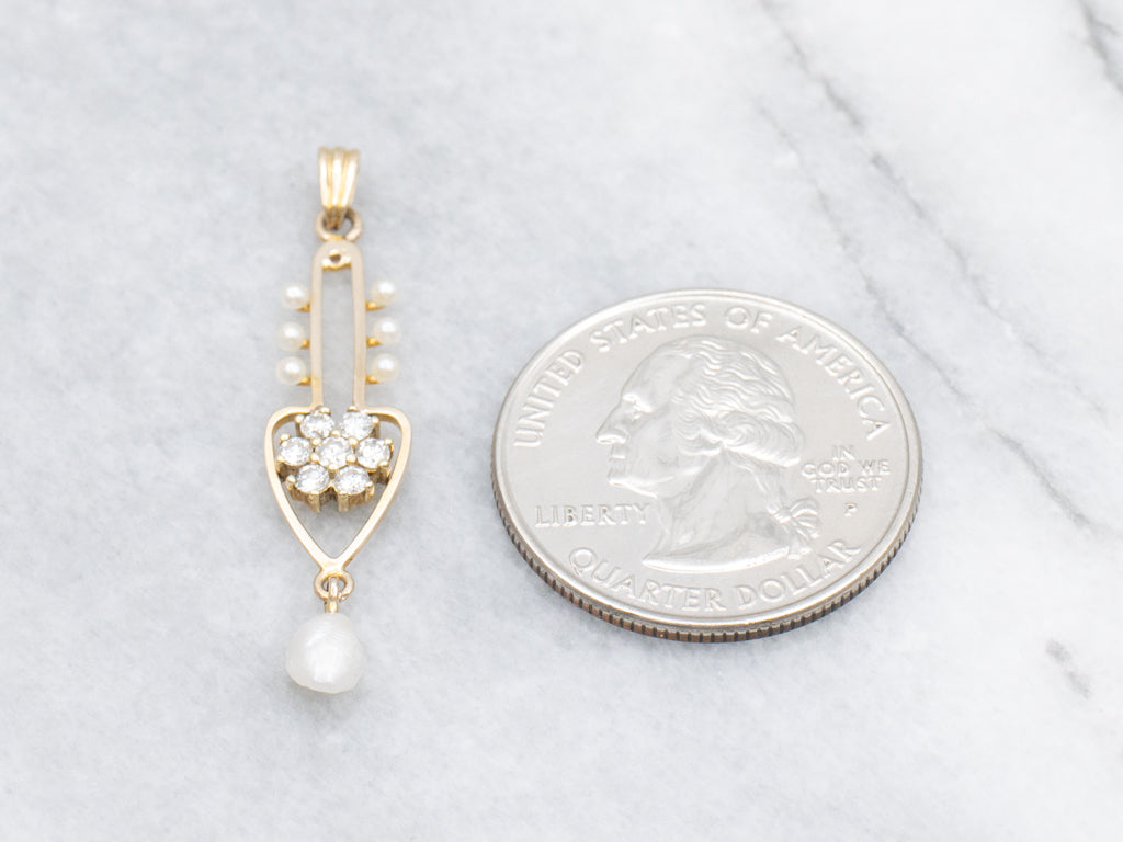 Diamond Cluster Yellow Gold Lavalier Pendant with Pearl Drop
