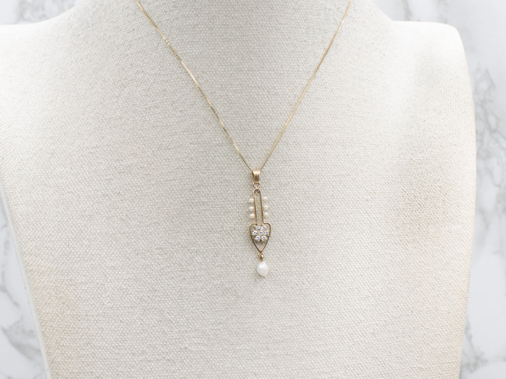 Diamond Cluster Yellow Gold Lavalier Pendant with Pearl Drop