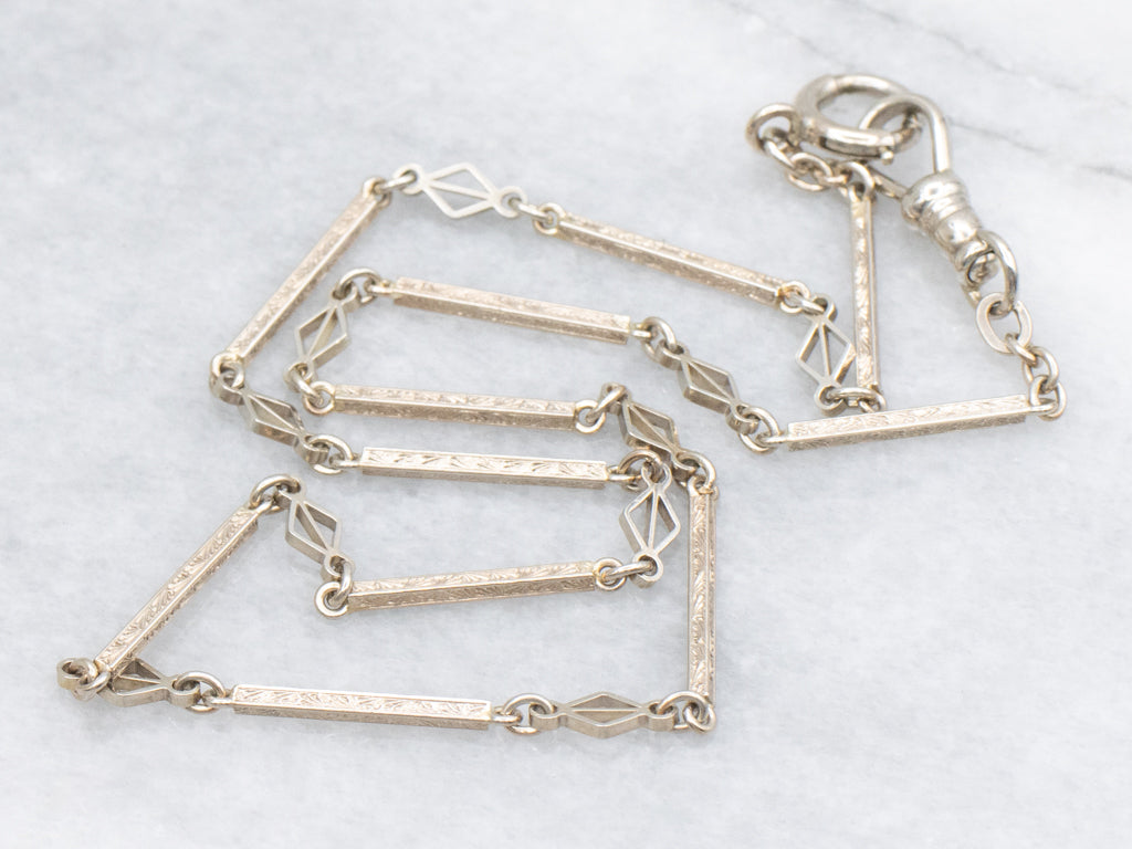 Vintage Engraved White Gold Bar Link Pocket Watch Chain