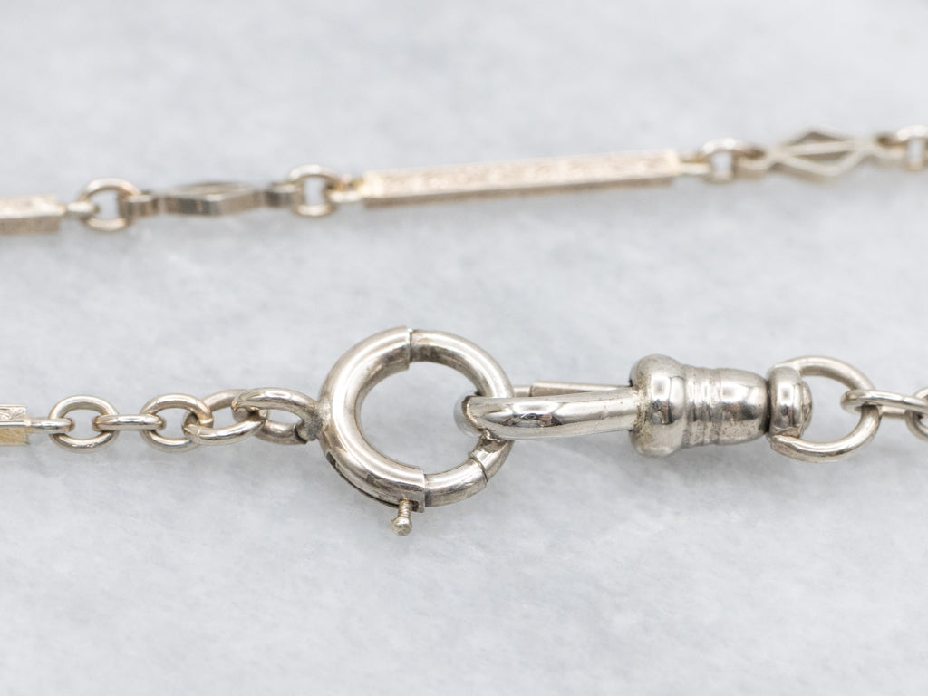 Vintage Engraved White Gold Bar Link Pocket Watch Chain