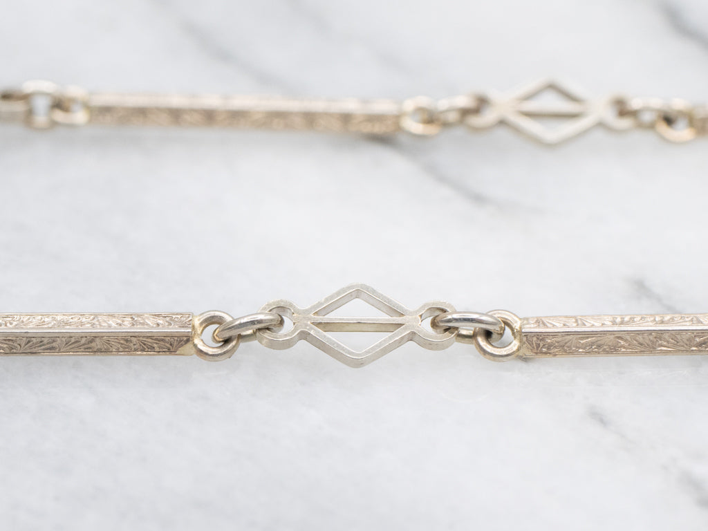 Vintage Engraved White Gold Bar Link Pocket Watch Chain