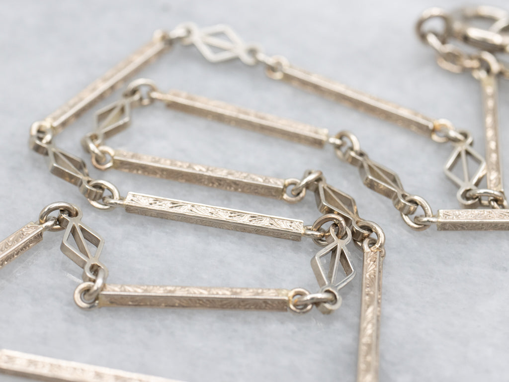 Vintage Engraved White Gold Bar Link Pocket Watch Chain