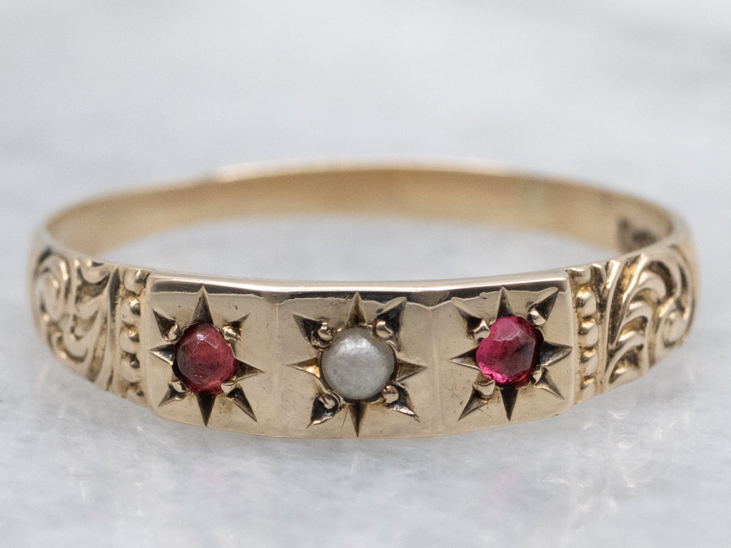 Victorian Gold Faux Pearl and Ruby Doublet Band