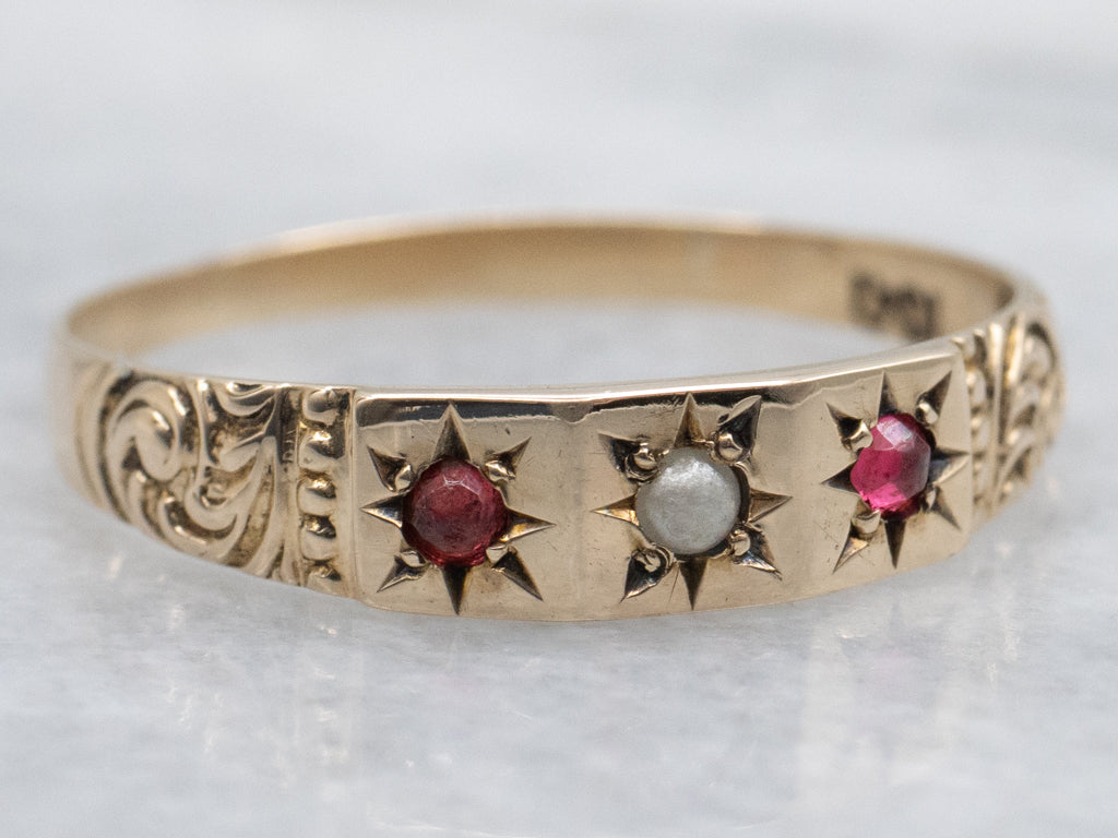Victorian Gold Faux Pearl and Ruby Doublet Band