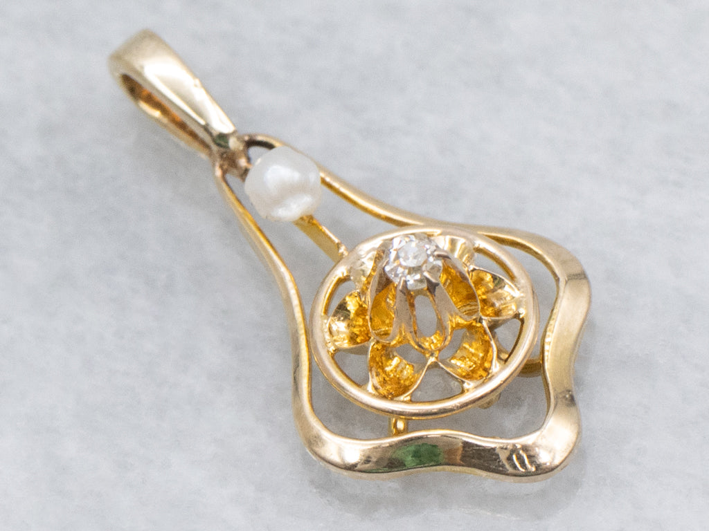 Buttercup Diamond and Natural Pearl Antique Stickpin Conversion Pendant