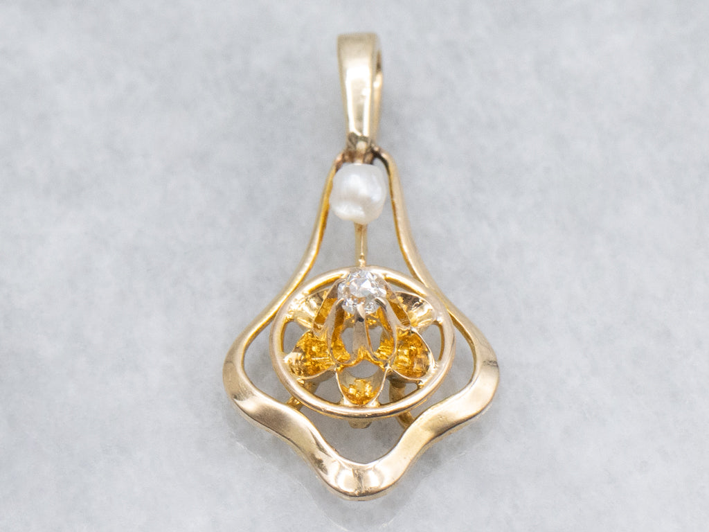 Buttercup Diamond and Natural Pearl Antique Stickpin Conversion Pendant