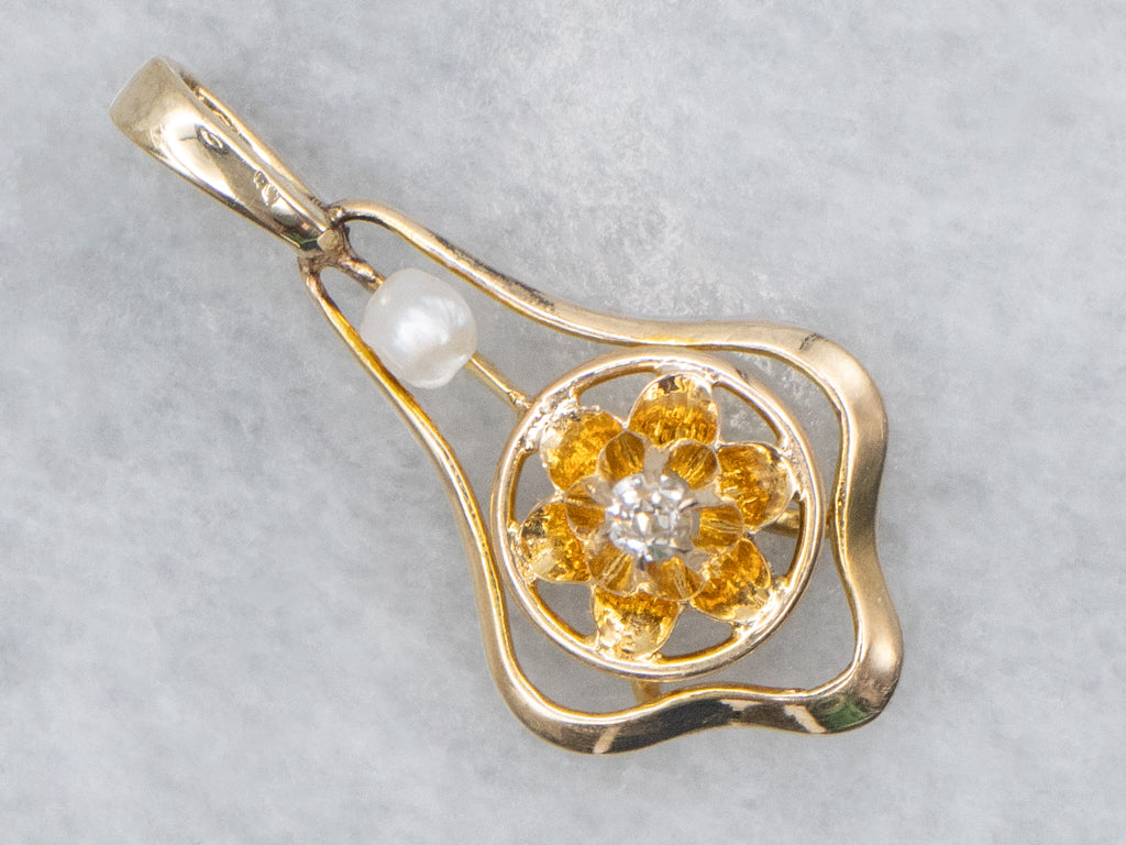 Buttercup Diamond and Natural Pearl Antique Stickpin Conversion Pendant