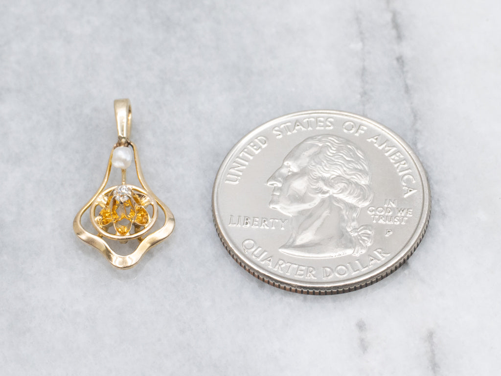 Buttercup Diamond and Natural Pearl Antique Stickpin Conversion Pendant