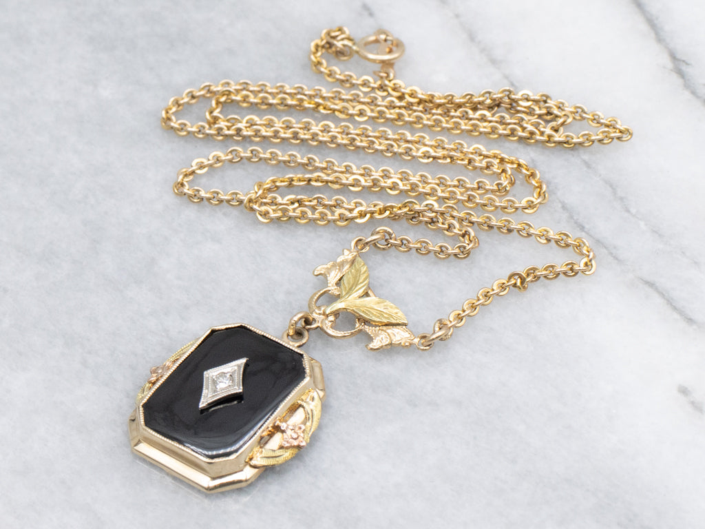 Floral Black Onyx and Diamond Gold Necklace