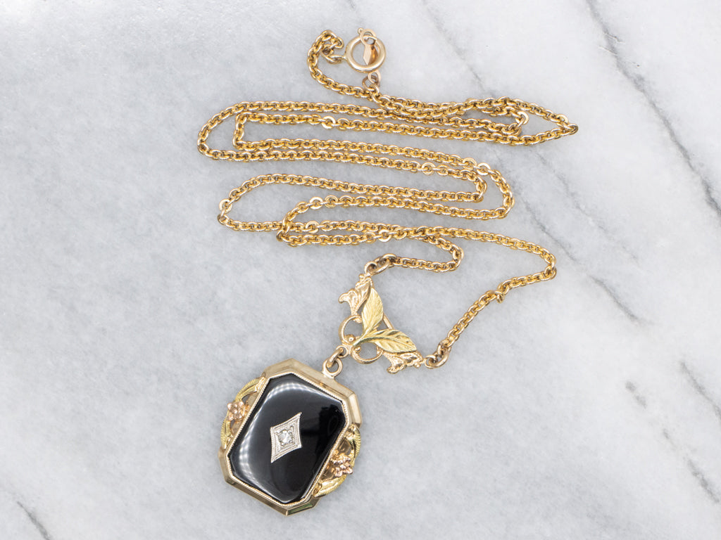 Floral Black Onyx and Diamond Gold Necklace