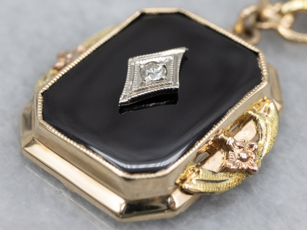 Floral Black Onyx and Diamond Gold Necklace