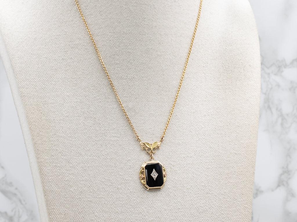 Floral Black Onyx and Diamond Gold Necklace