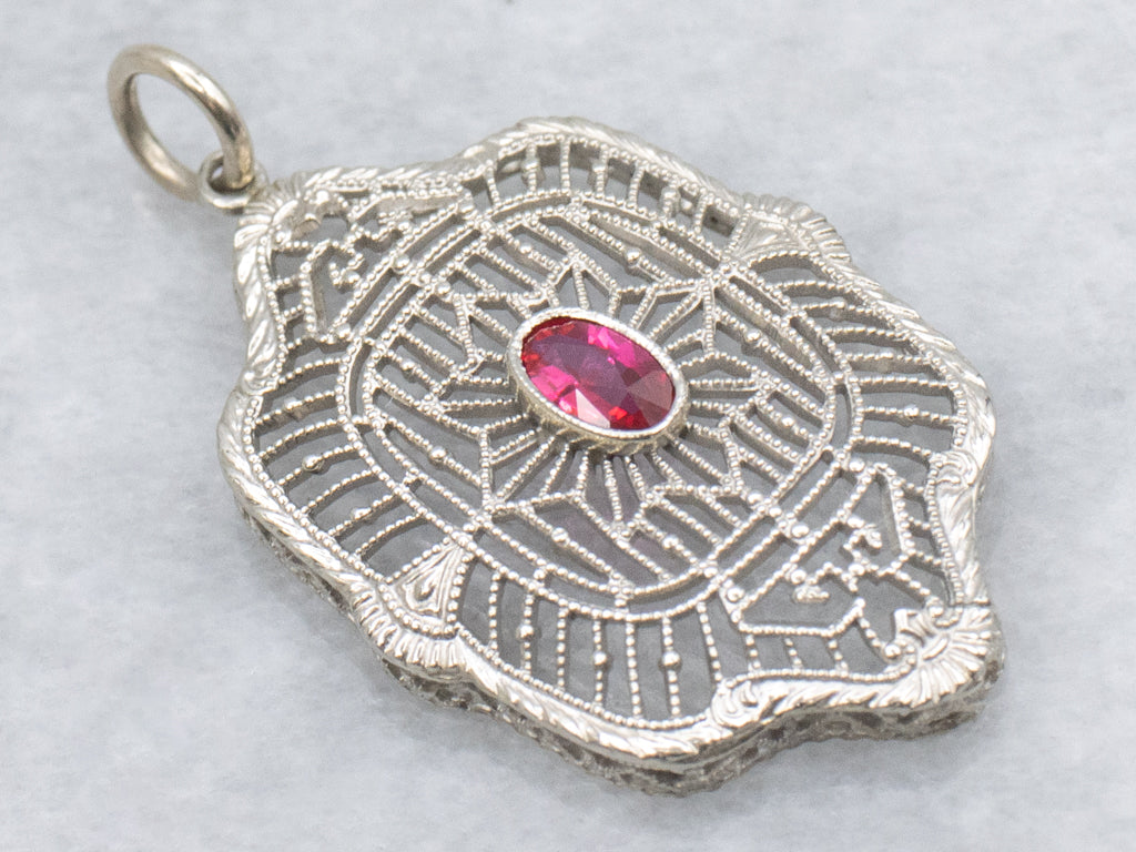White Gold Synthetic Ruby Art Deco Filigree Pendant