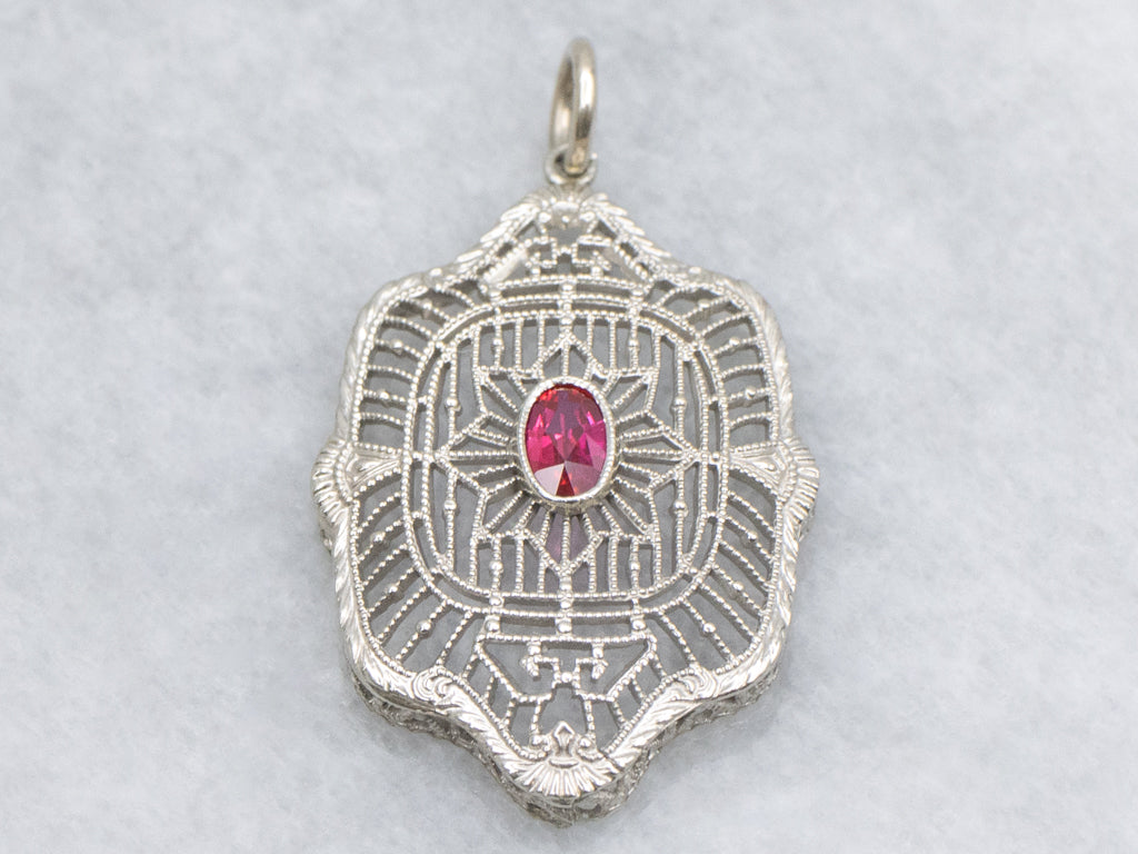 White Gold Synthetic Ruby Art Deco Filigree Pendant