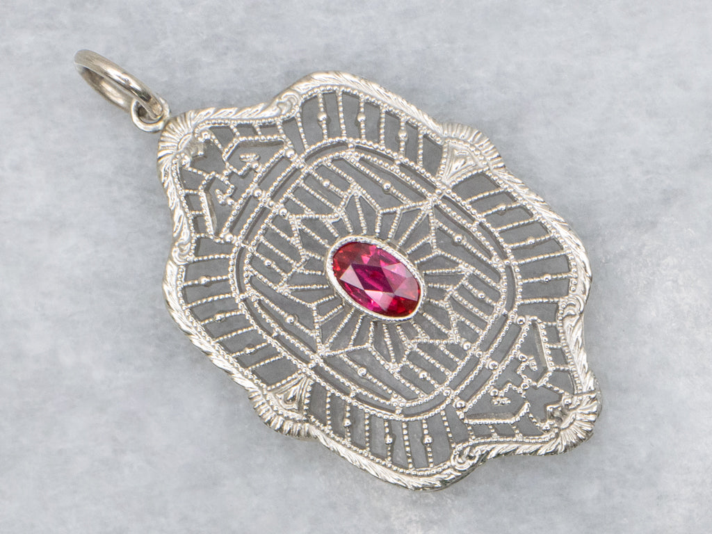 White Gold Synthetic Ruby Art Deco Filigree Pendant