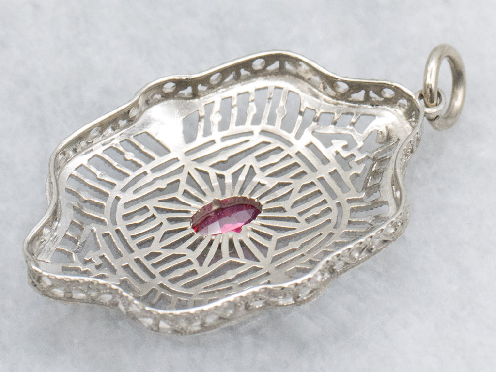White Gold Synthetic Ruby Art Deco Filigree Pendant