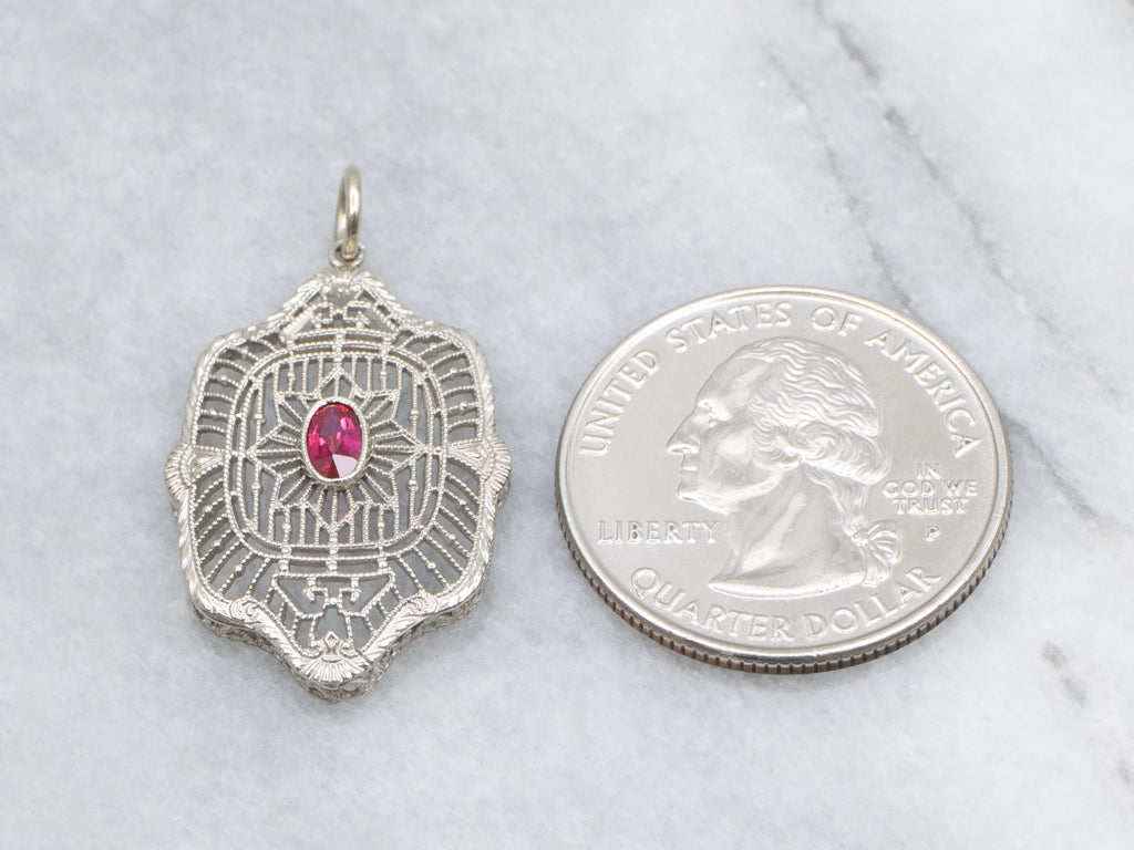 White Gold Synthetic Ruby Art Deco Filigree Pendant