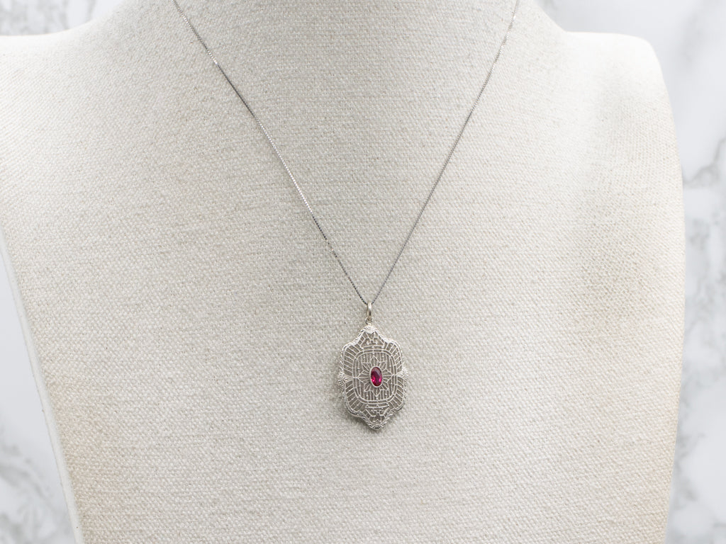 White Gold Synthetic Ruby Art Deco Filigree Pendant