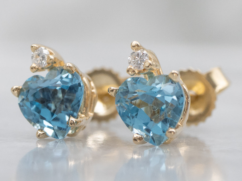 Heart-Cut Blue Topaz and Diamond Gold Stud Earrings