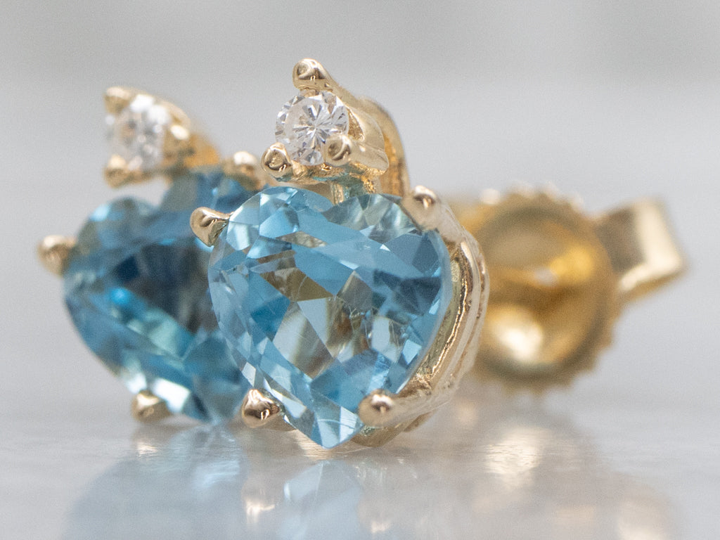 Heart-Cut Blue Topaz and Diamond Gold Stud Earrings