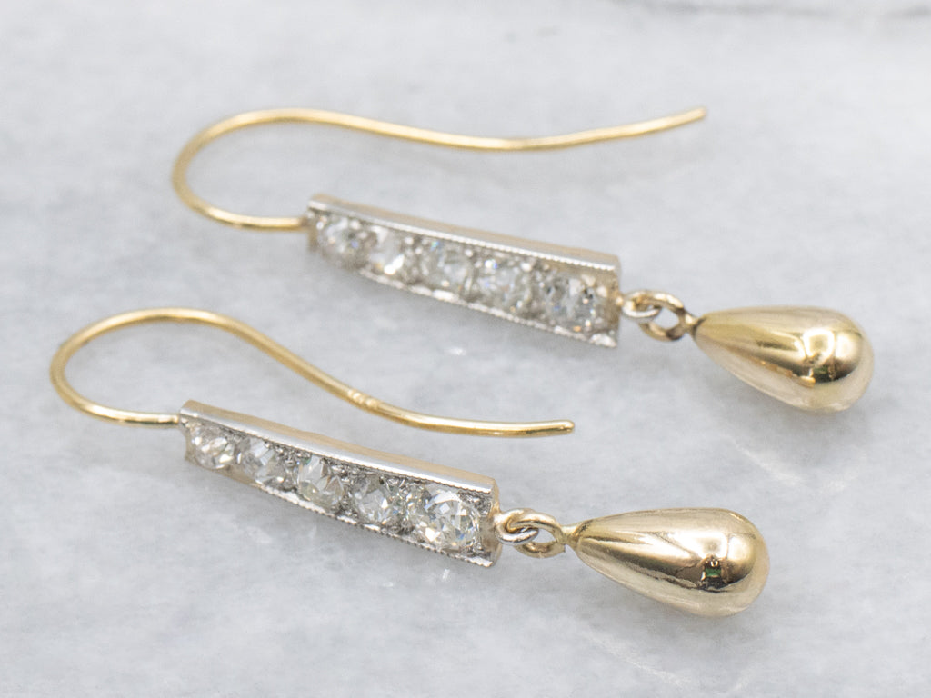 Old Mine Cut Diamond Two-Tone Gold Teardrop Earrings