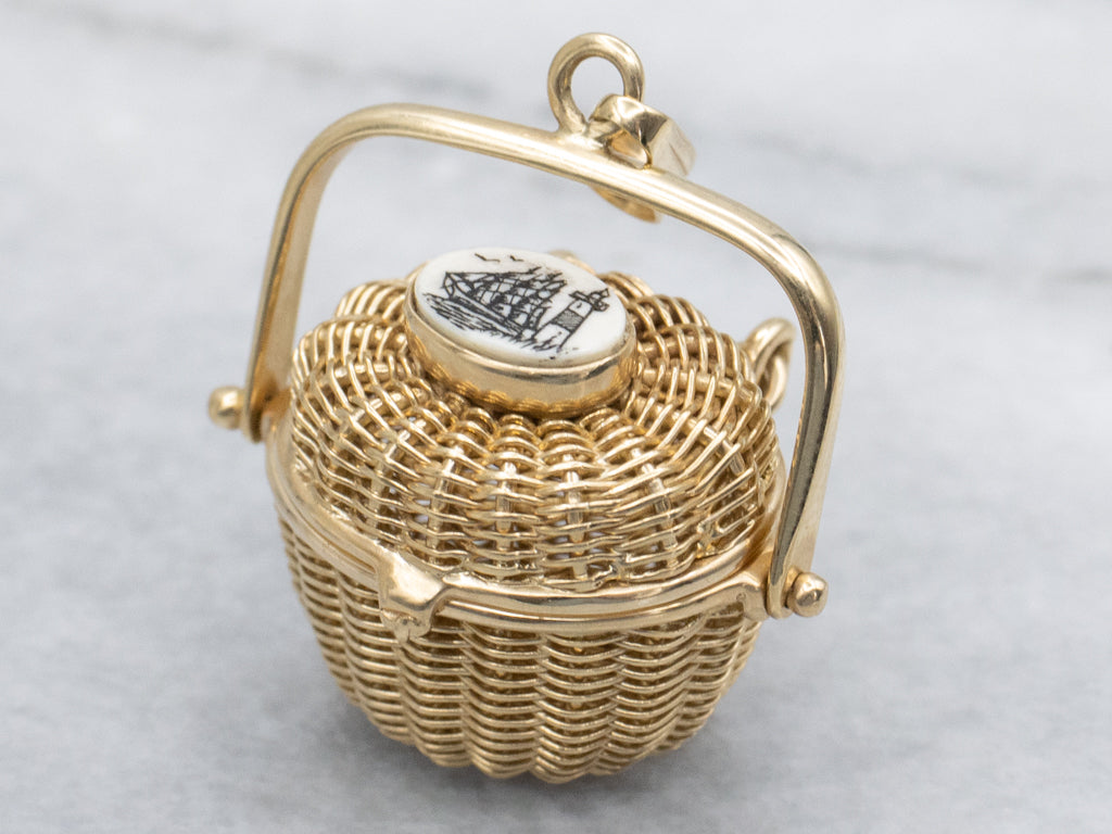 Vintage Gold Nantucket Basket Charm Pendant with Scrimshaw Top