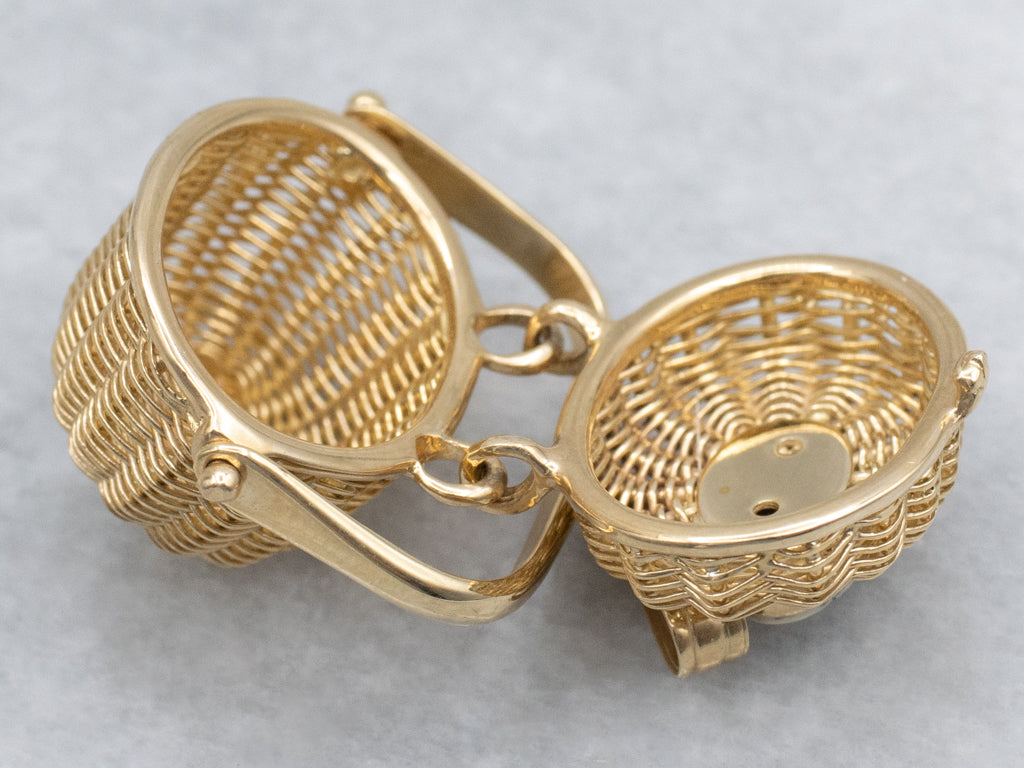 Vintage Gold Nantucket Basket Charm Pendant with Scrimshaw Top
