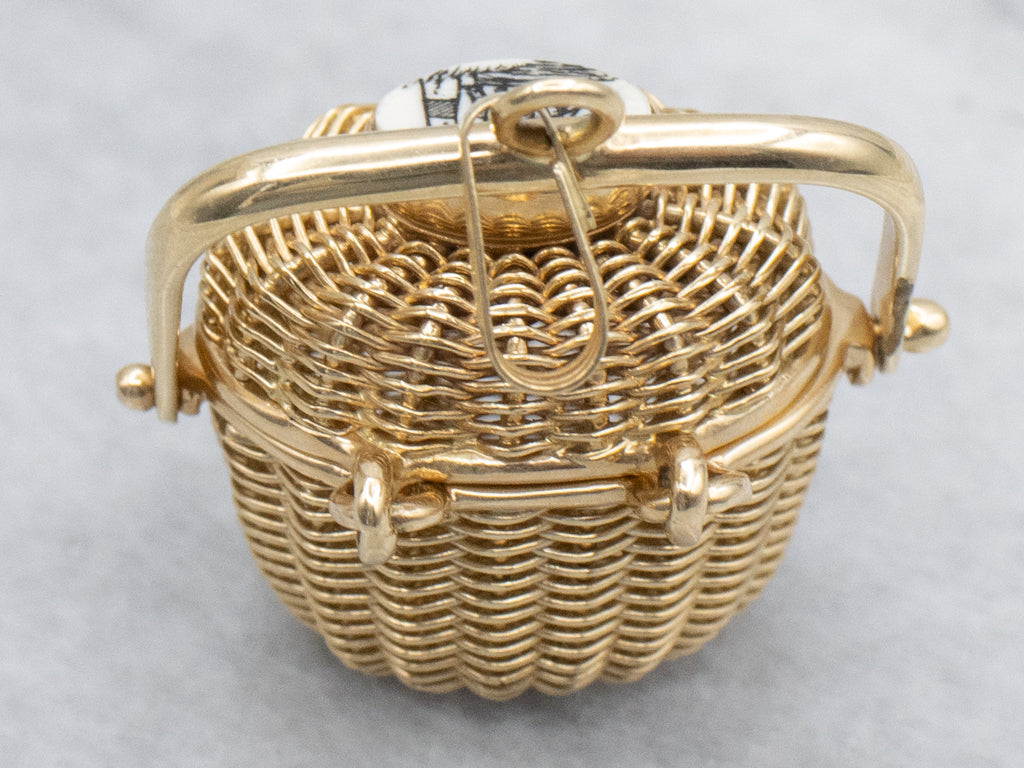 Vintage Gold Nantucket Basket Charm Pendant with Scrimshaw Top