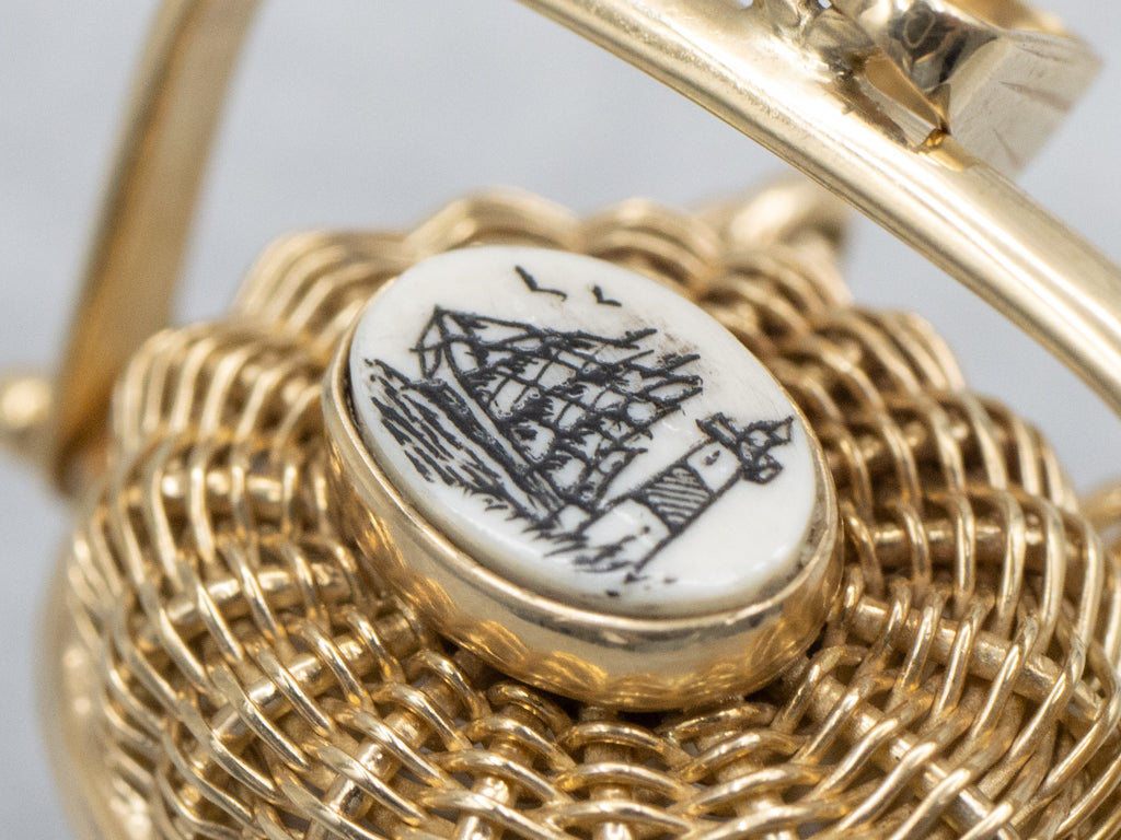 Vintage Gold Nantucket Basket Charm Pendant with Scrimshaw Top