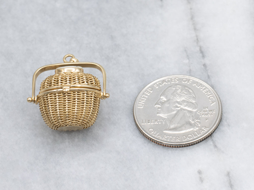 Vintage Gold Nantucket Basket Charm Pendant with Scrimshaw Top
