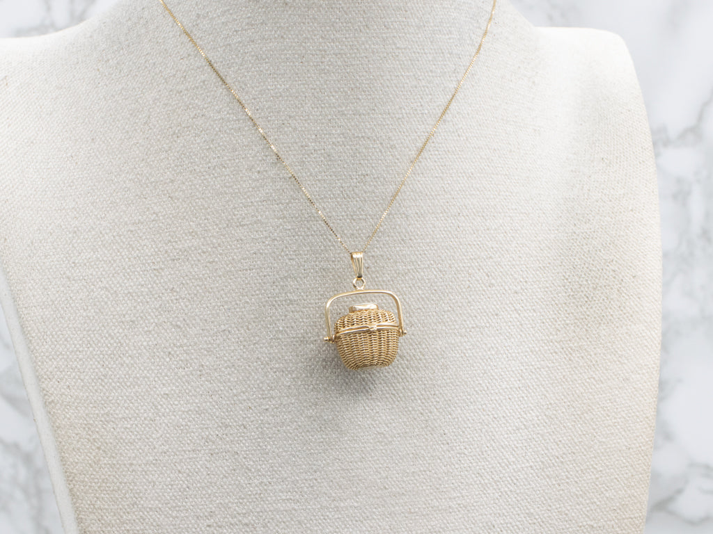 Vintage Gold Nantucket Basket Charm Pendant with Scrimshaw Top