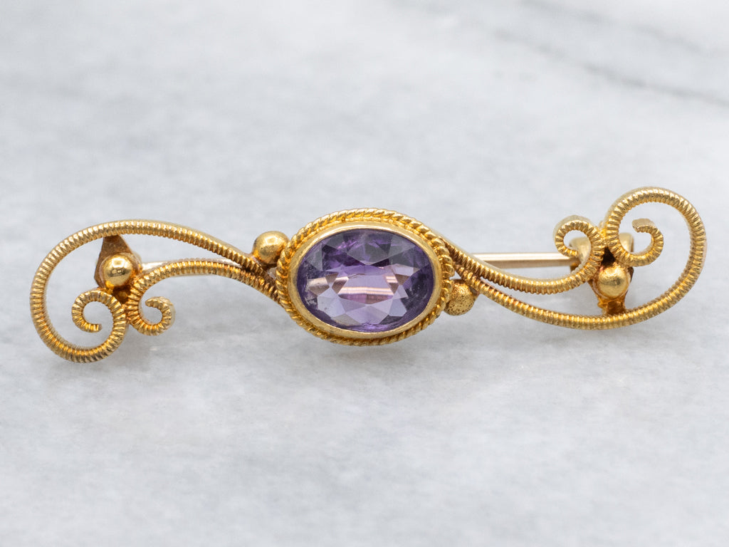 Antique Scrolling Gold Victorian Era Amethyst Brooch