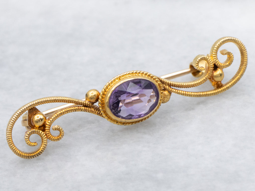 Antique Scrolling Gold Victorian Era Amethyst Brooch