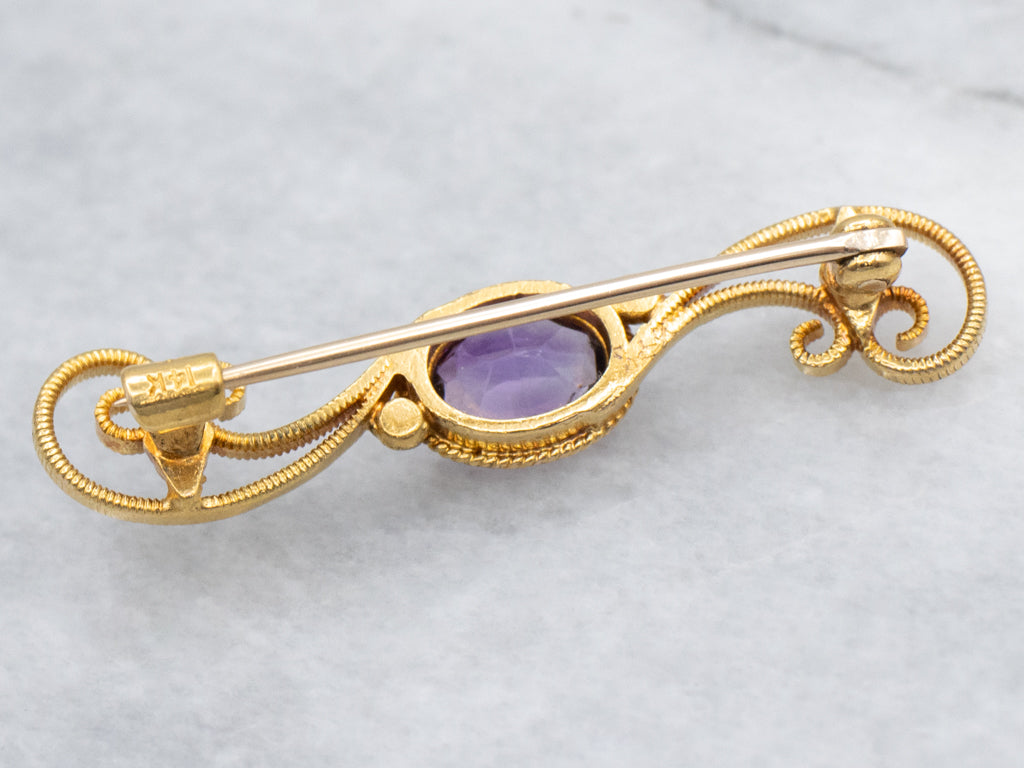 Antique Scrolling Gold Victorian Era Amethyst Brooch