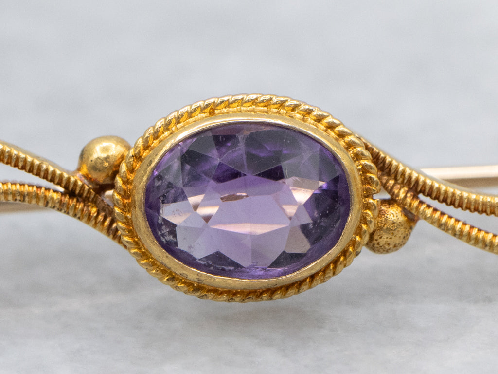 Antique Scrolling Gold Victorian Era Amethyst Brooch