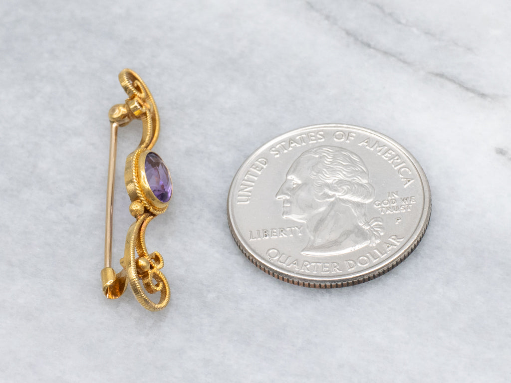 Antique Scrolling Gold Victorian Era Amethyst Brooch