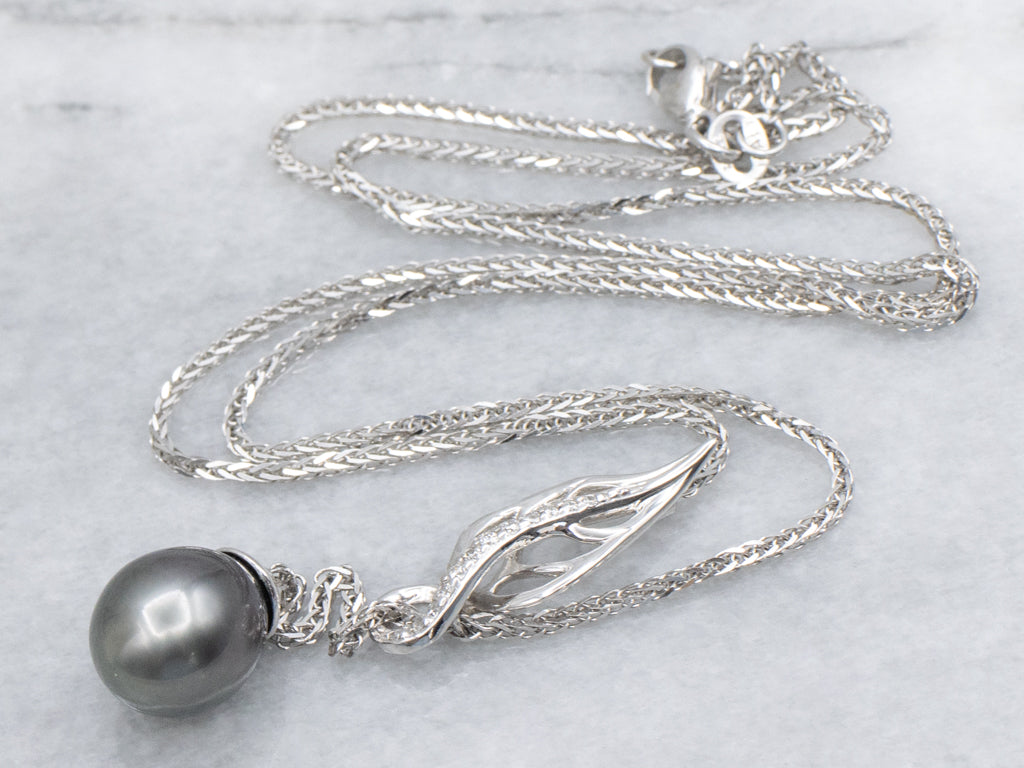 Grey Pearl and Diamond Drop Botanical White Gold Necklace