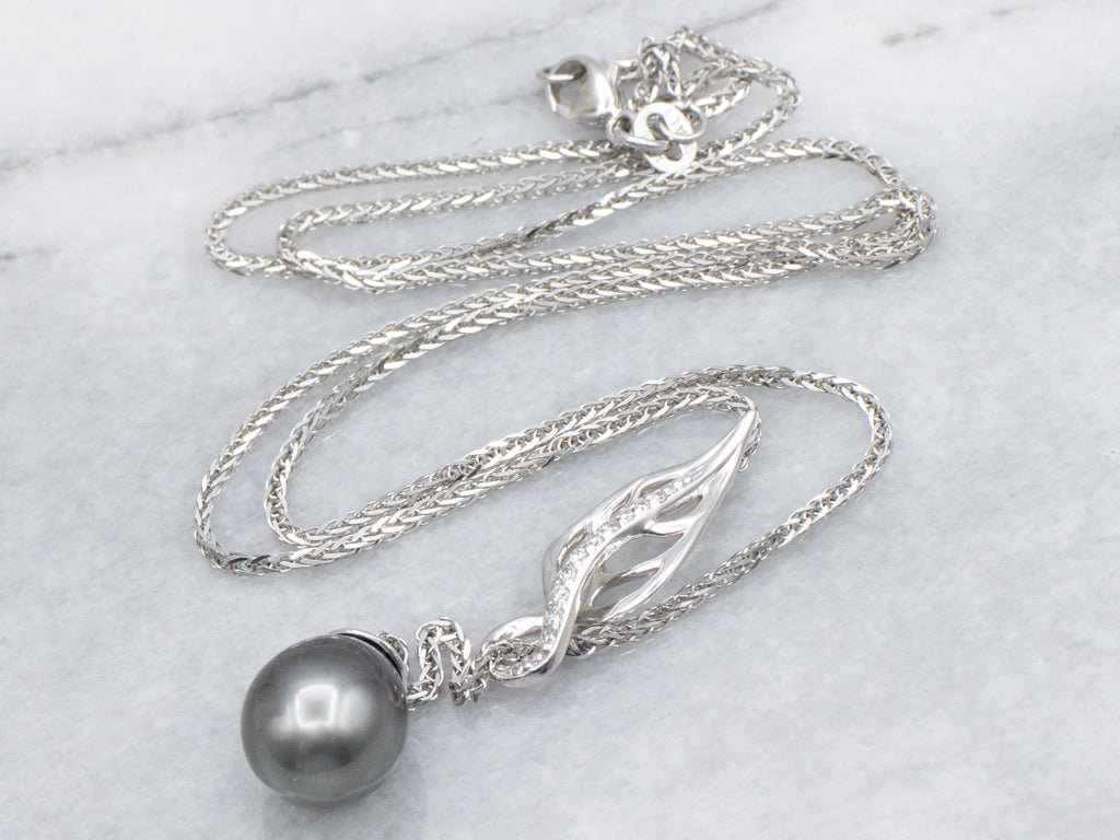 Grey Pearl and Diamond Drop Botanical White Gold Necklace