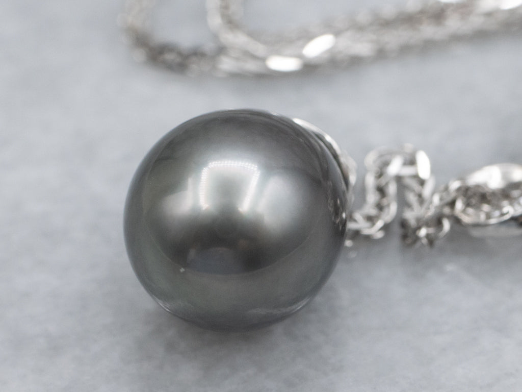 Grey Pearl and Diamond Drop Botanical White Gold Necklace