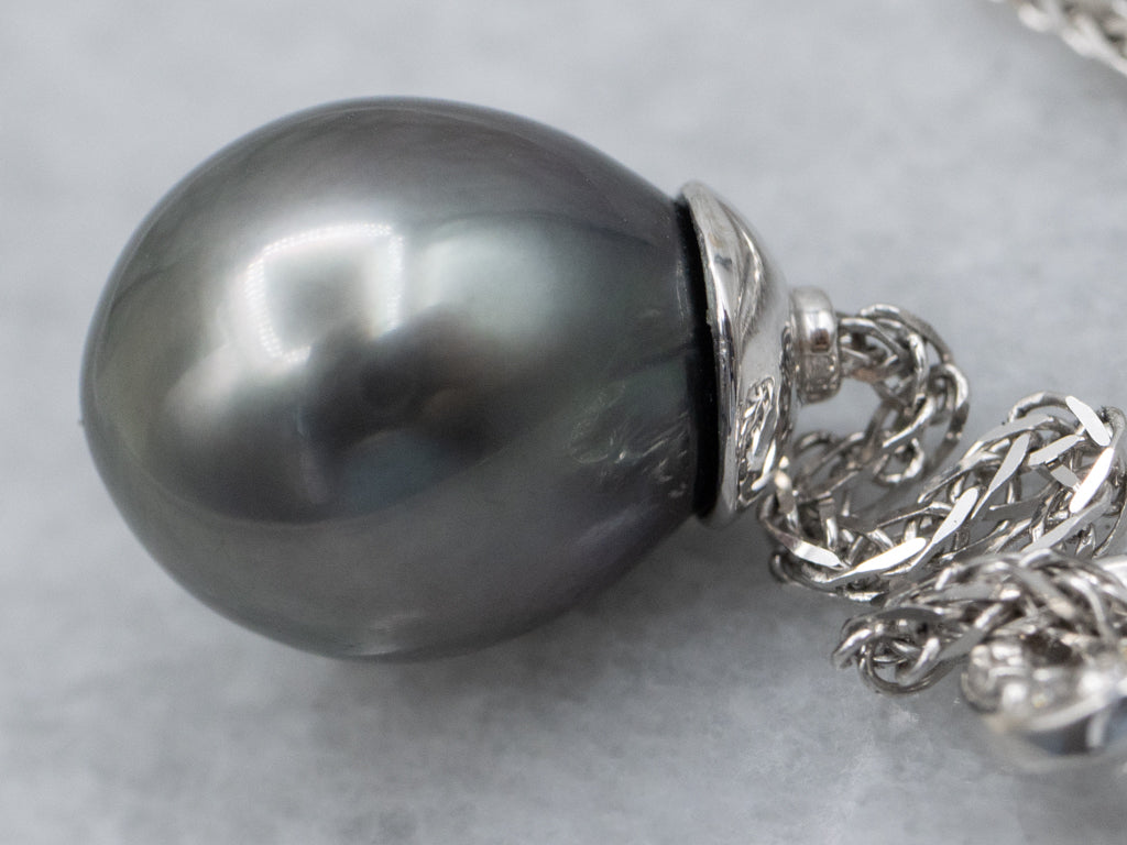 Grey Pearl and Diamond Drop Botanical White Gold Necklace